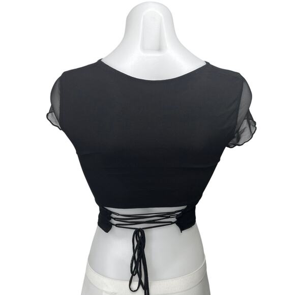 Princess Polly Dobelle Black Mesh Cutout Slim Fit Lace Up Crop Top Blouse Size 2 - Picture 2 of 3